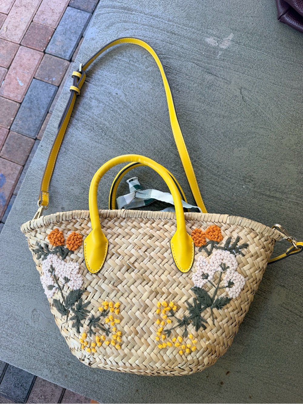Zara Yellow-Trim Straw Tote with Floral Embroidery